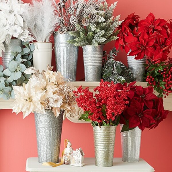 galvanized containers with white and red poinsettias and faux florals